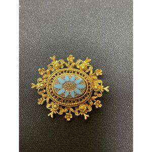 Vintage Women's Gold Color Blue Pendant Brooch Jewelry Cosmetic